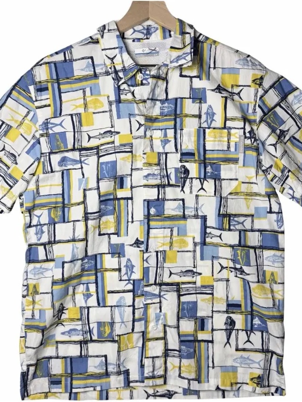 Columbia White Short-Sleeve Button Shirt with Blue & Yellow Print